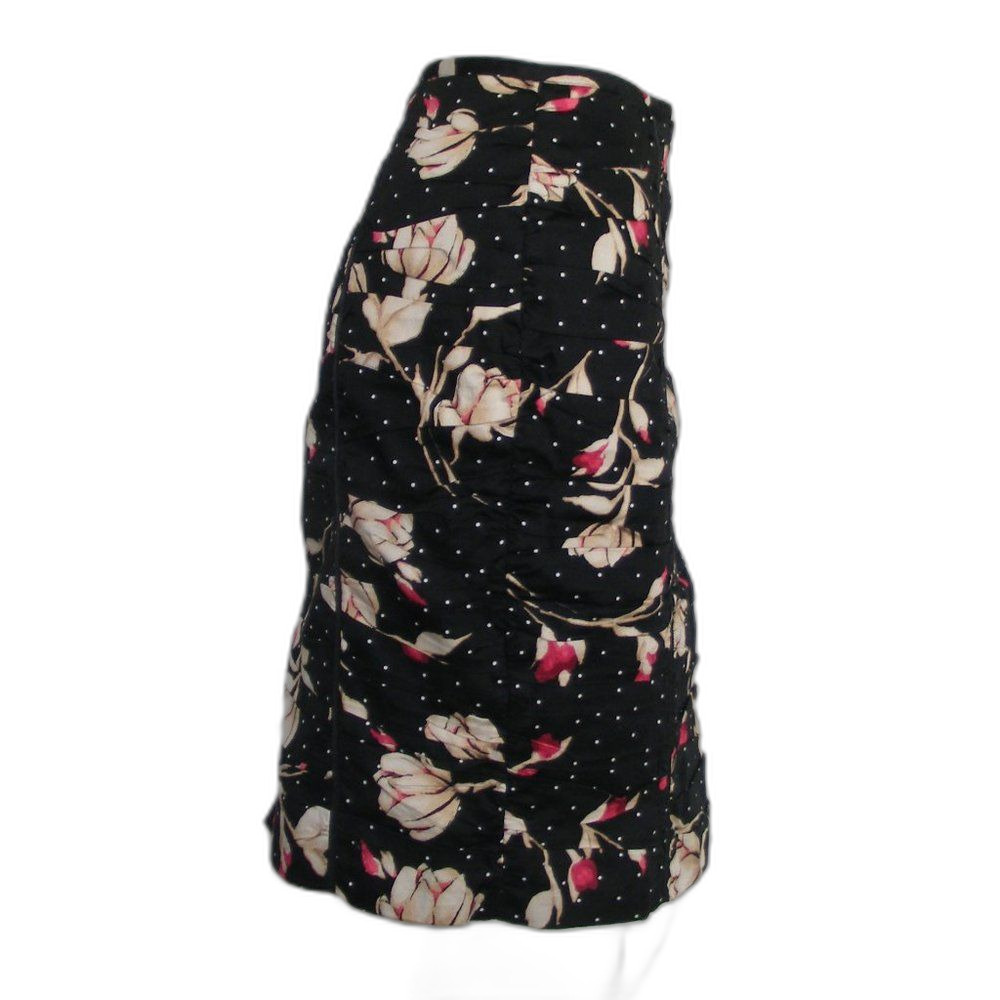 WHBM Skirt, 8, Black/Tan & Pink Floral/White Polka Dots, Ruched, Romantic,wiggle - Picture 7 of 10